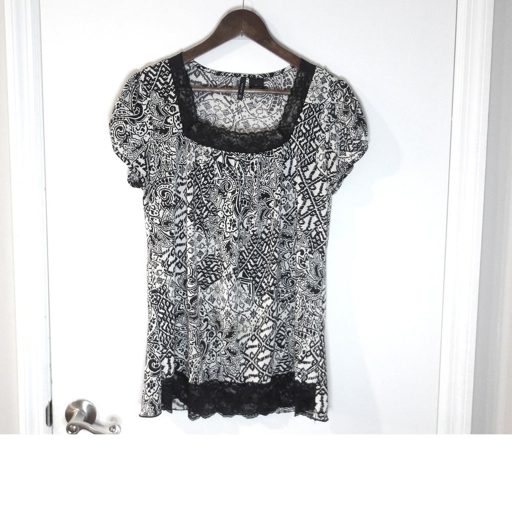 Square Neck Top Black Lace Trim Short Sleeve Blouse Sz L /#5205